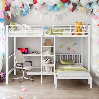 Full Over Twin Metal Bunk Bed with Built-in Desk, Shelves and Ladder,No Box Spring Required,Maximized Space,White