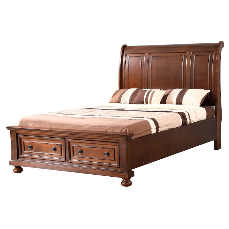 Wooden Sleigh Queen Panel Bed with Two Storage Drawers - 97" - Brown