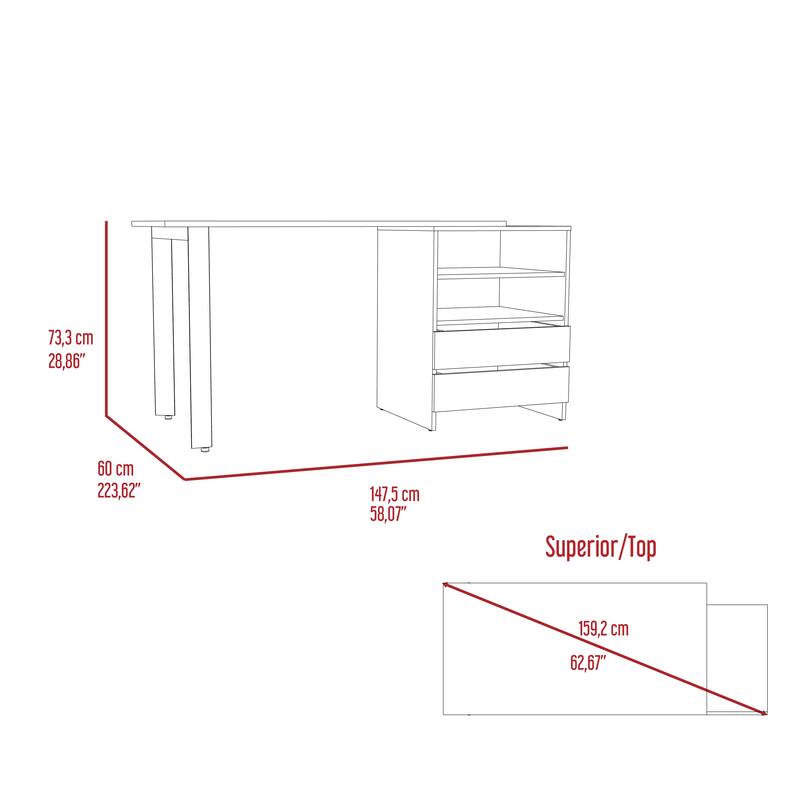 Desk, Two Legs, Two Drawers, Two Shelves -Light Gray