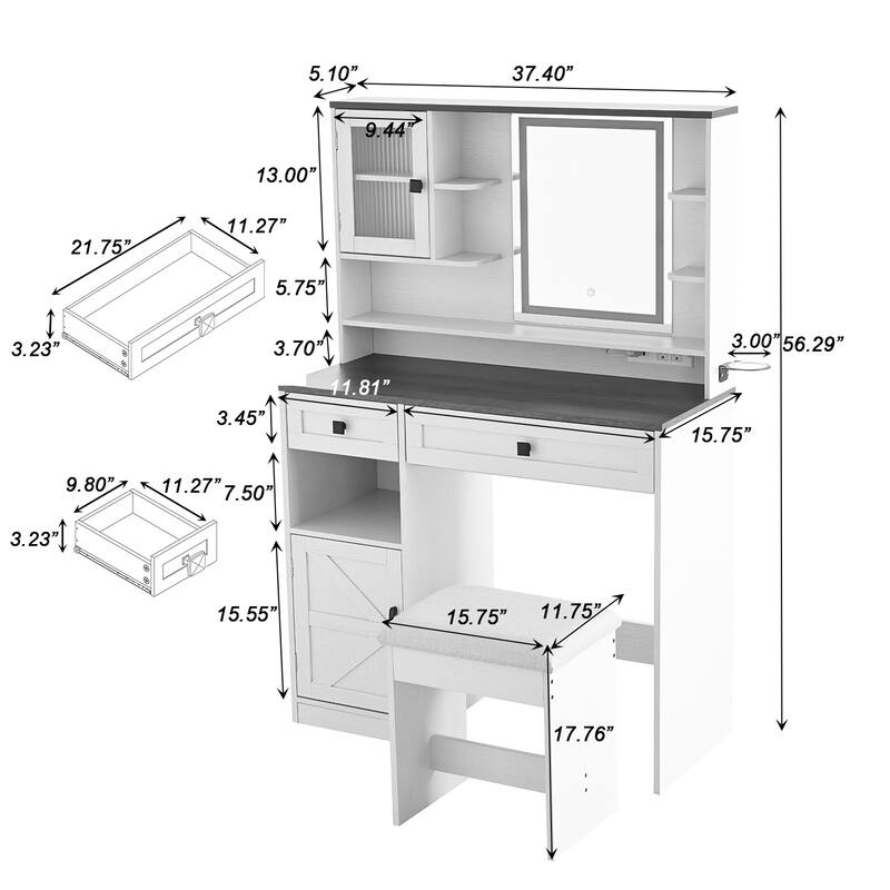 Farmhouse Makeup Vanity with Lighted Mirror, Charging Station, Stool, Drawers, Shelves and Side Cabinet