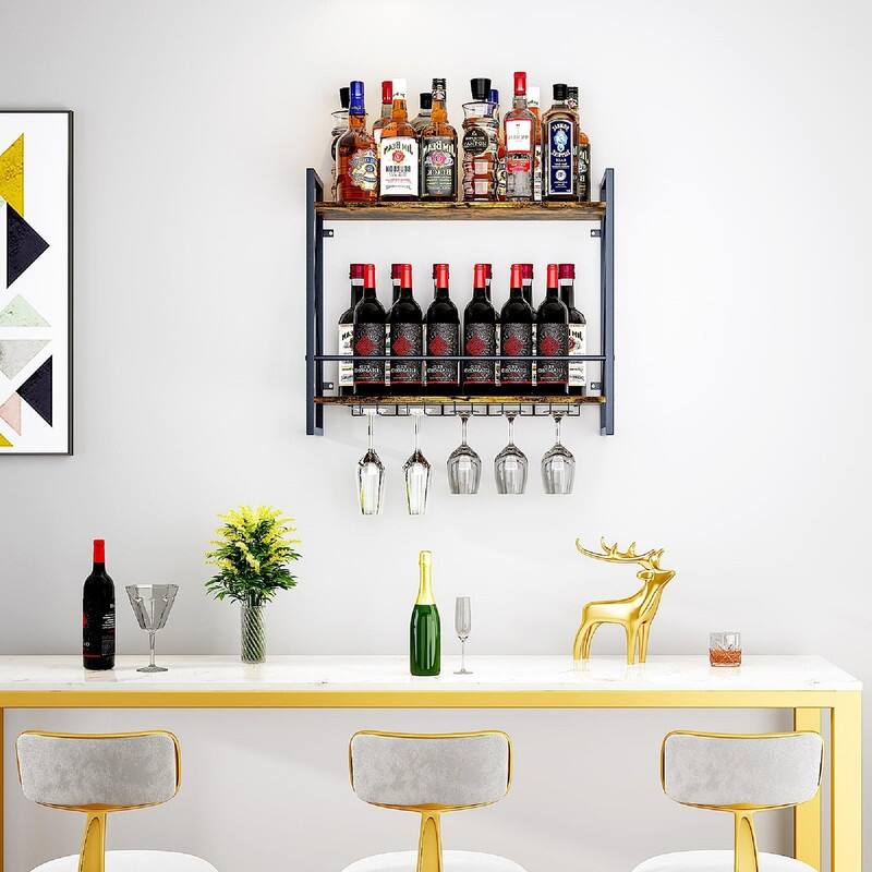 Wine Rack Wall Mounted 2 Tier Shelf - 23.6"D x 7.9"W x 20.4"H