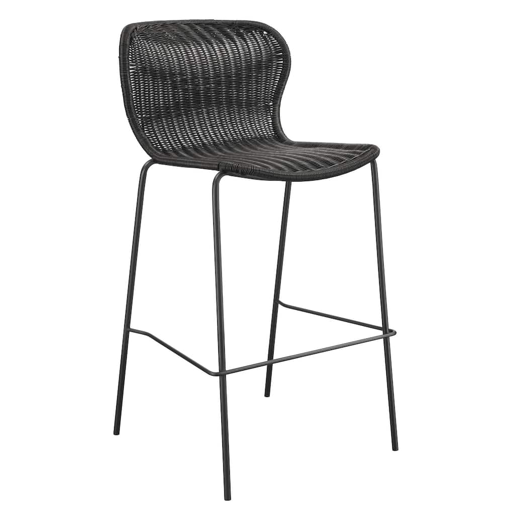 Qob 30 Inch Set of 2 Barstools, Brown Woven Rattan Seat, Metal Frame
