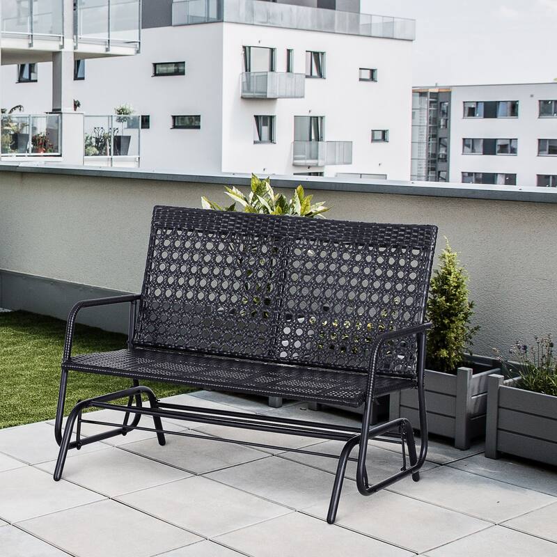 Outsunny Patio 2-Person Wicker Glider Bench Rocking Chair, Outdoor All-Hand Woven PE Rattan Loveseat