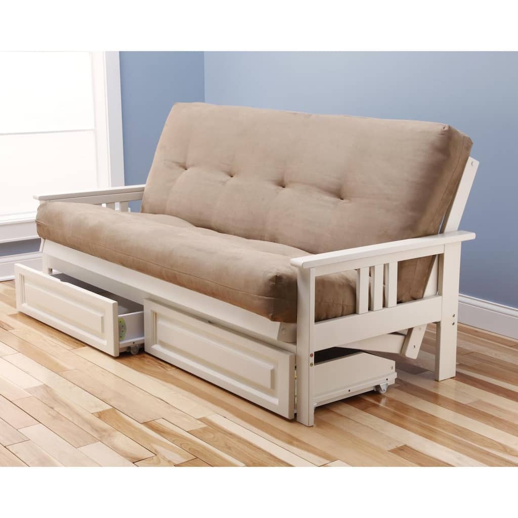 79 in. Antique White/Suede Peat Polyester Upholstered Full Size Futon Set with Mattress and Storage Drawers
