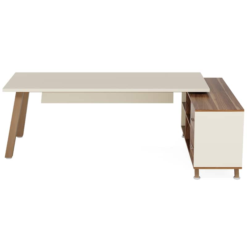 78.7" L-Shaped Executive Desk with 55" File Cabinet, Walnut & White Workstation Furniture