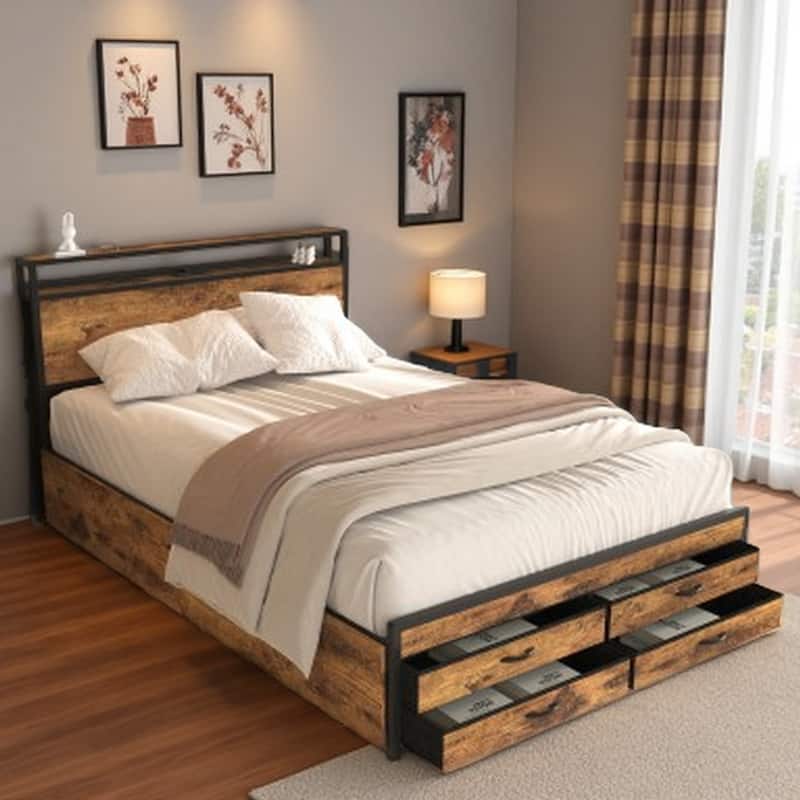 Queen Bed Frame with 8 Storage Drawers, LED Headboard with Charging Station, Metal Platform Frame, No Box Spring Needed - Full Black+Brown - Full