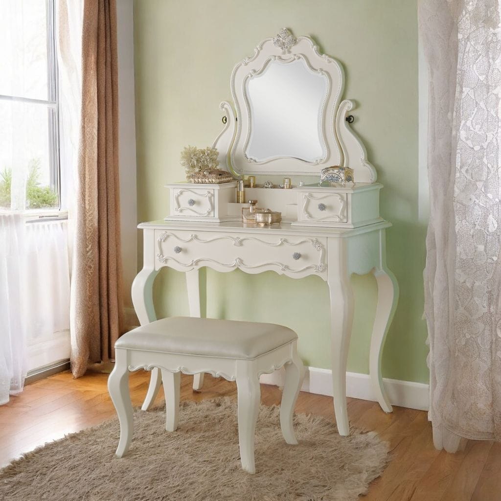 ACME Furniture AR MIRROR Lサイズ Acme Furniture Edalene Pearl White Vanity Desk with Mirror - Bed