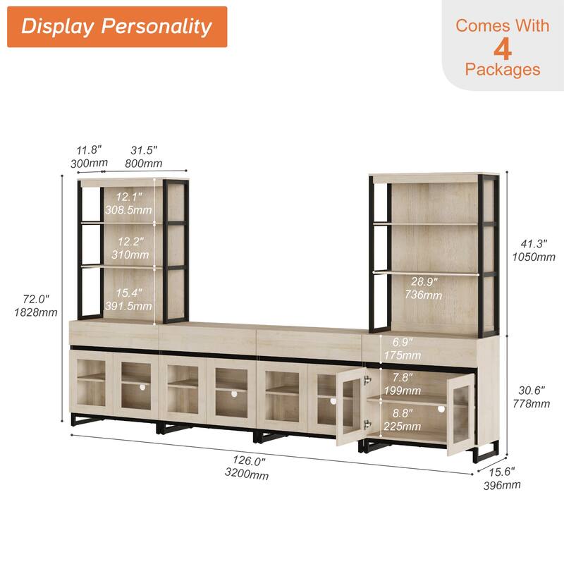 Modern 72" Tall Bookcase with 4 Drawers and Open Book Shelfs,Wood Freestanding Bookshelves for Living room,