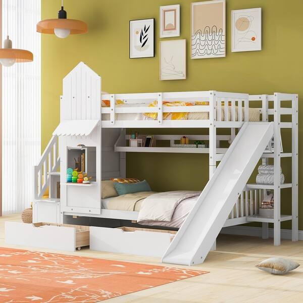 slide 2 of 19, White Twin over Twin Size Solid Wood Castle Bunk Bed with Drawers & Slide Twin over Twin - White