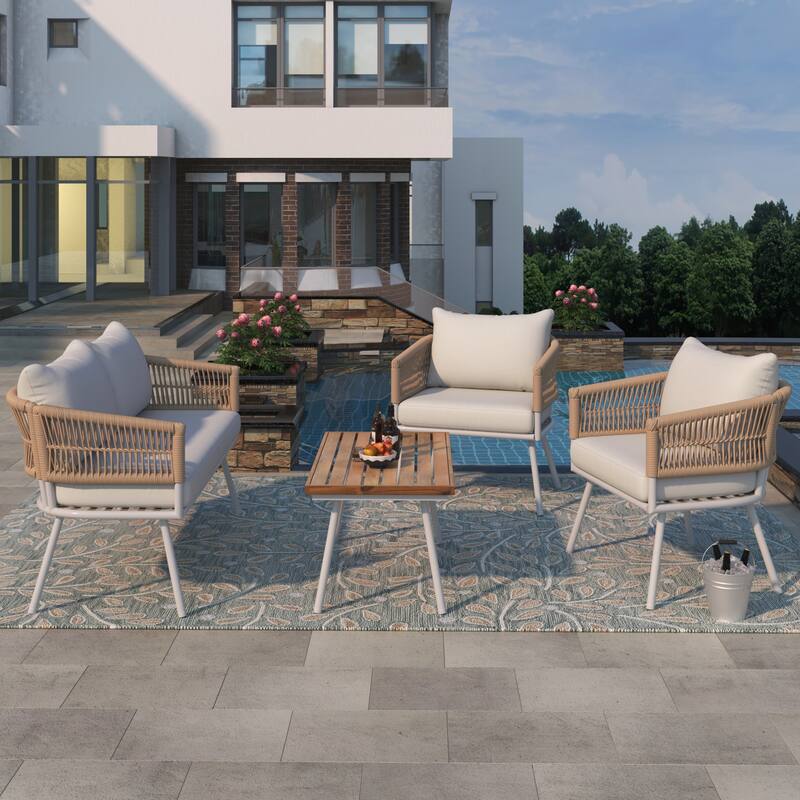 4-Piece Boho Sling Patio Conversation Set Outdoor Seating Set with Gray Cushions and Acacia Wood Coffee Table