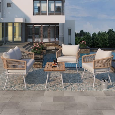 4-Piece Patio Furniture Set with Wood Table, Outdoor Conversation Set Deep Seating Dining Table Set Lounge Loveseat Accent Chair