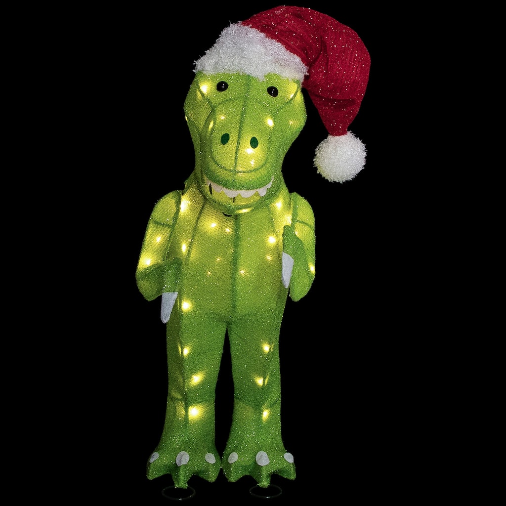30" LED Tinsel Santa T-Rex Dinosaur Outdoor Christmas Decoration - Green