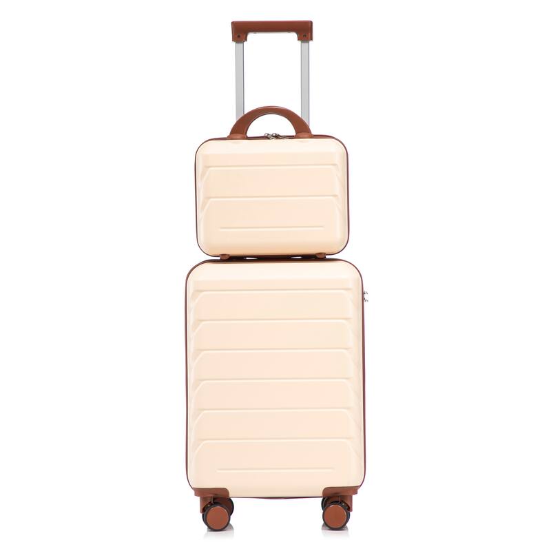 14"/20" 2-Piece, Modern Luggage Sets with Makeup Case, Spinner Wheel and Combination Lock, for Boarding Travel, Beige