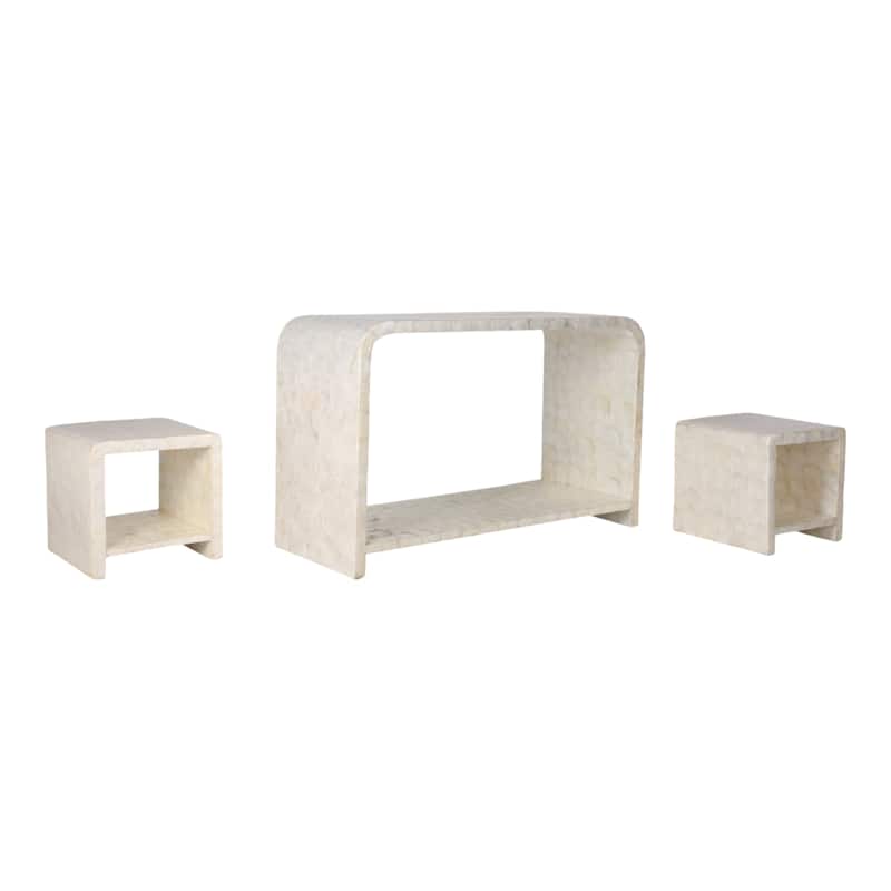 Wood Shell Console Table Coastal Curved Design (Set of 3) - 30" Ivory - 47" x 19" x 29.5"