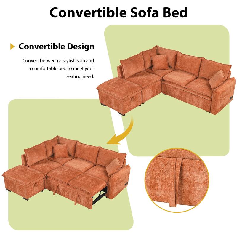 L-shaped Sofa with a Storage Ottoman,Two Pillows and Two USB Ports - Orange - Reversible