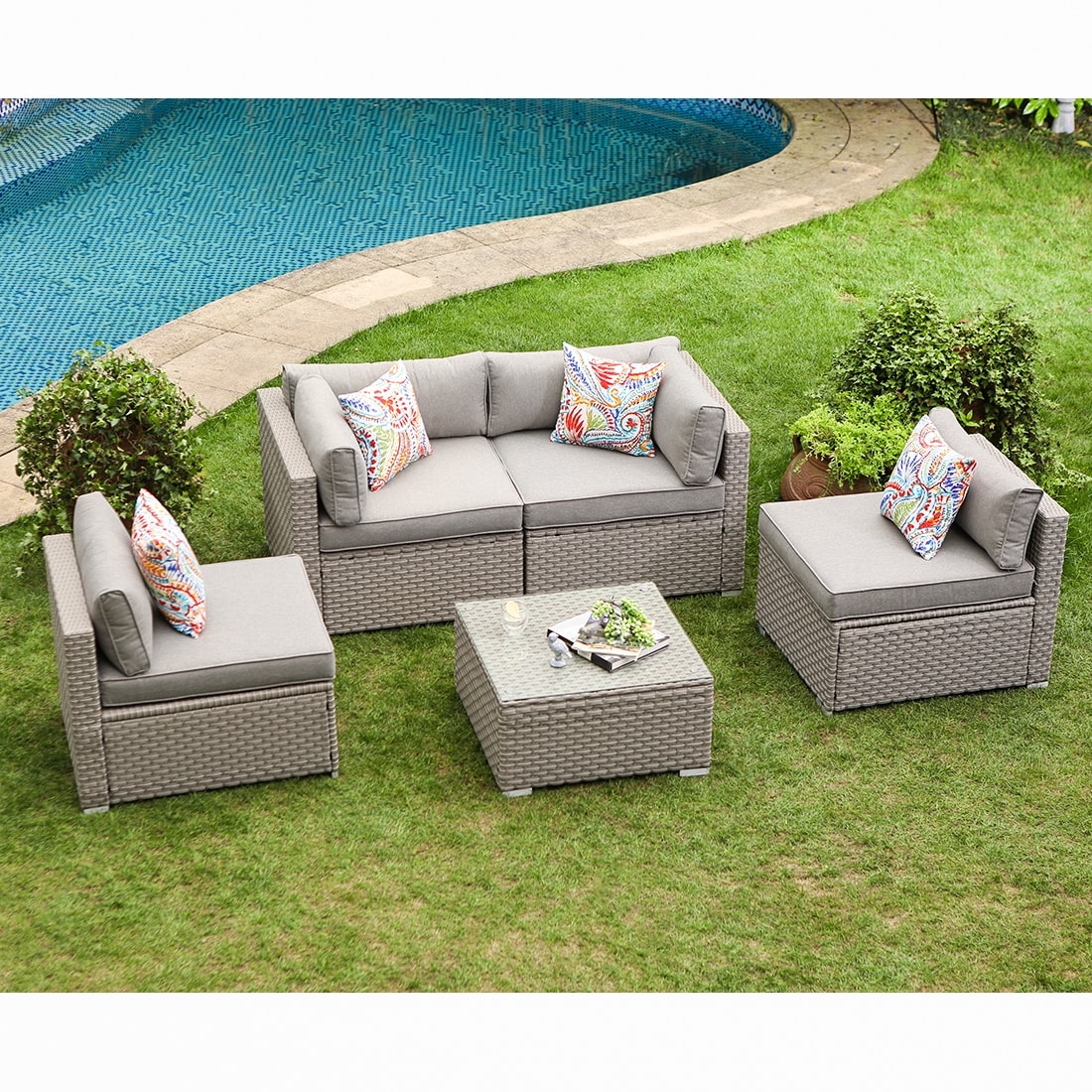 FLIEKS 5-Piece Outdoor Furniture Sets Wicker Patio Sectional Sofa Garden Conversation Set with Two Tea Tables Brown Wicker Beige Cushions 