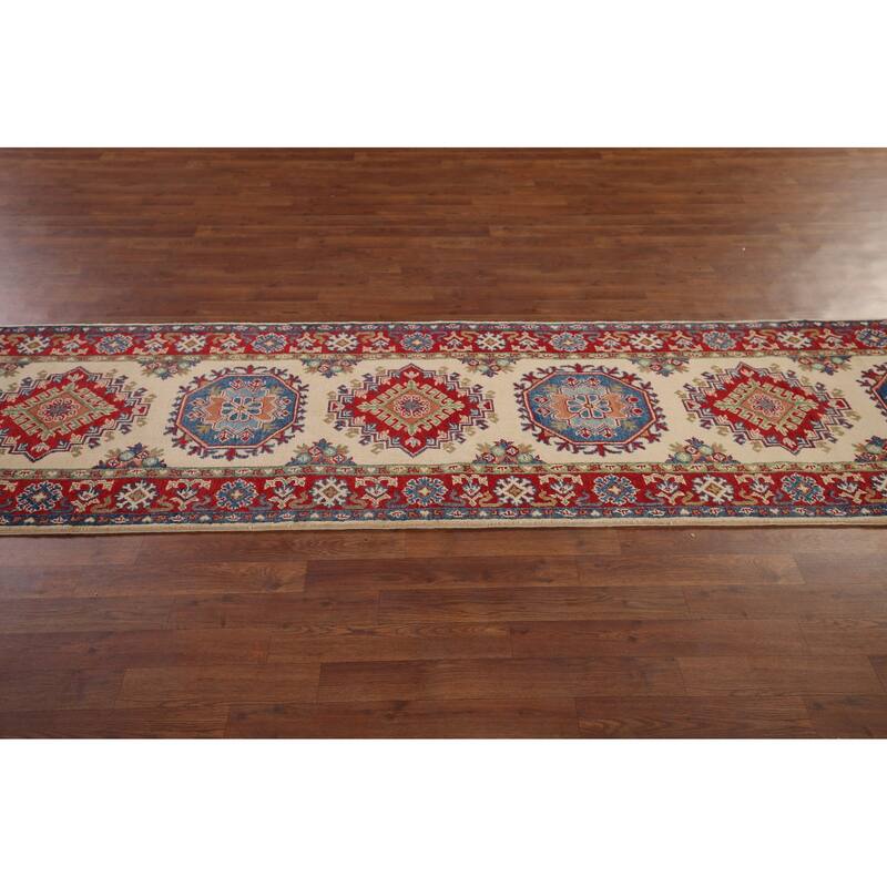 Kazak Oriental Runner Rug Hand-Knotted Traditional Beige Wool Carpet - 2'8" x 25'4"
