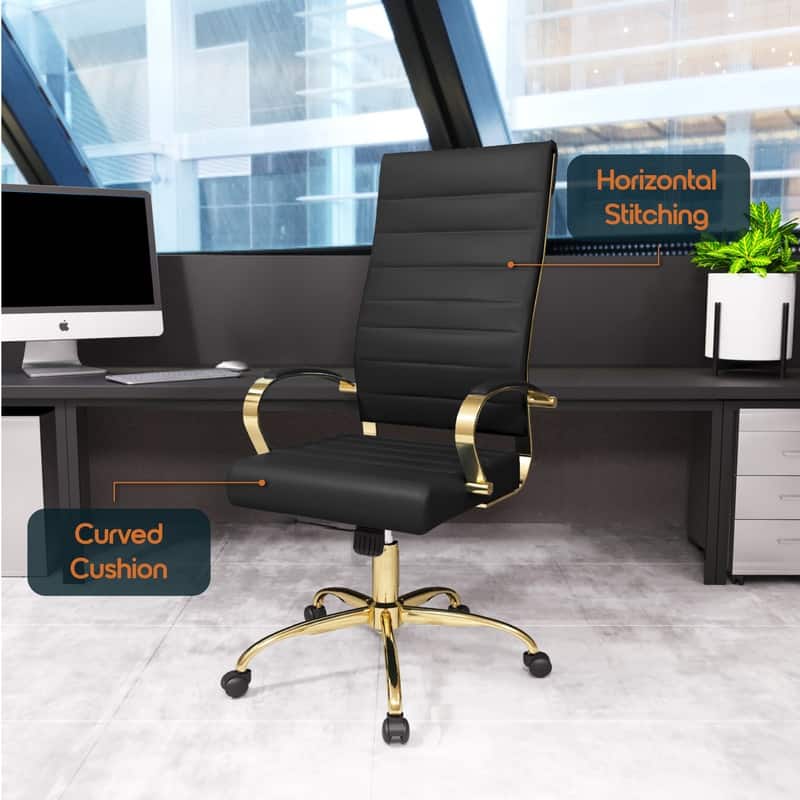 Benmar High-Back Leather Office Desk Chair in Brushed Gold Steel Frame Cushion Padded Armrests Tilt Lock Swivel Ergonomic Chair