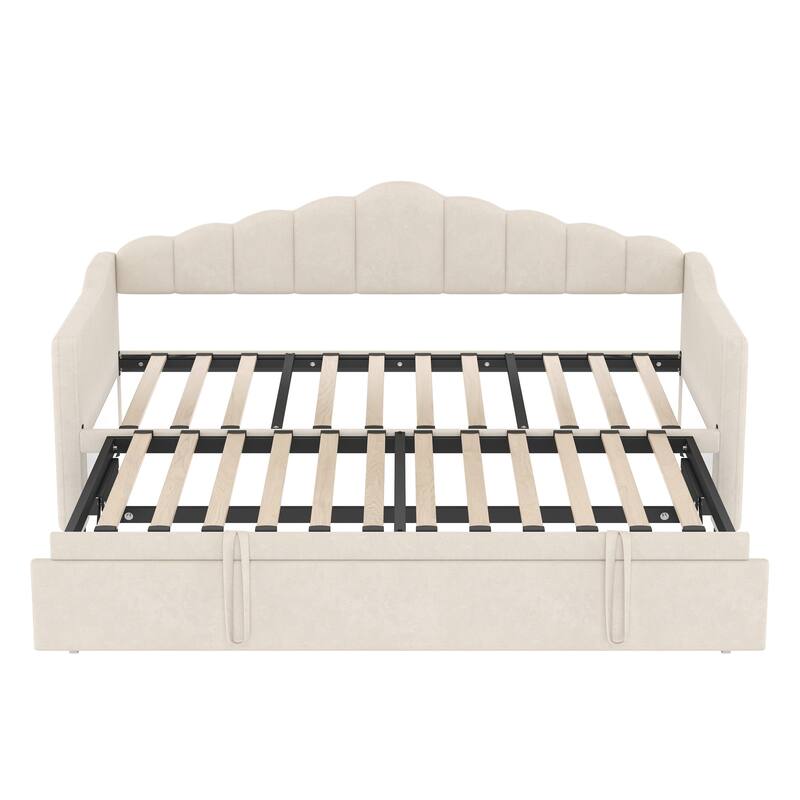 Upholstered Twin Size Daybed with Adjustable Height Pop Up Trundle Twin Bed and USB & Type-C Charging Port, Day Bed Frame