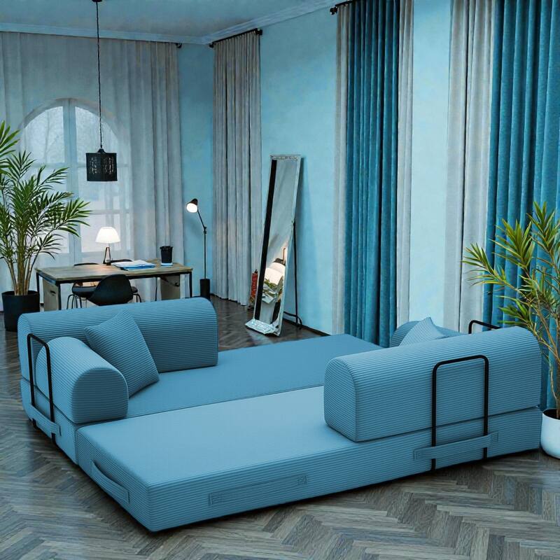 Convertible Sleeper Sofa Bed, 4-in-1 Corduroy Folding Floor Couch with Cylindrical Pillow, 2-Seat Space-Saving Lounge Sofa