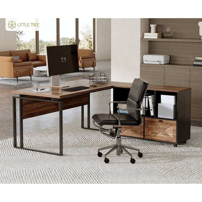 L-Shaped Office Desk with File Cabinet, Large Executive Computer Desk with Drawers