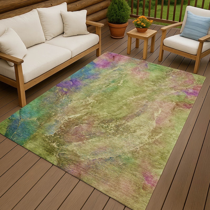 Machine Washable Indoor/ Outdoor Abstract Watercolor Chantille Rug