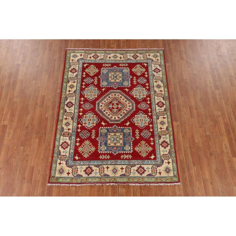 Red Kazak Oriental Area Rug Handmade Geometric Wool Carpet - 5'1" x 6'9"