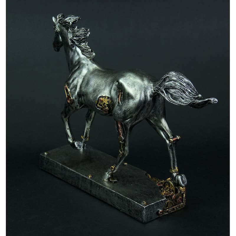Steam Stallion Metallic Silver Running Steampunk Horse Statue - 8.75 X 11.25 X 3 inches