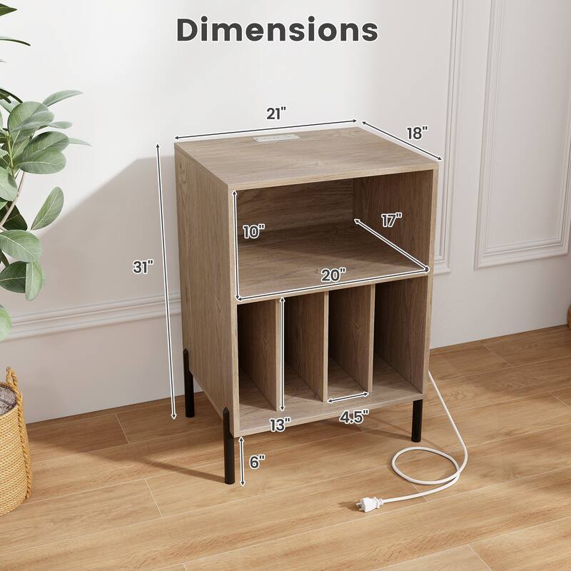 Gymax Record Player Stand w/Charging Station 5 Storage Compartments