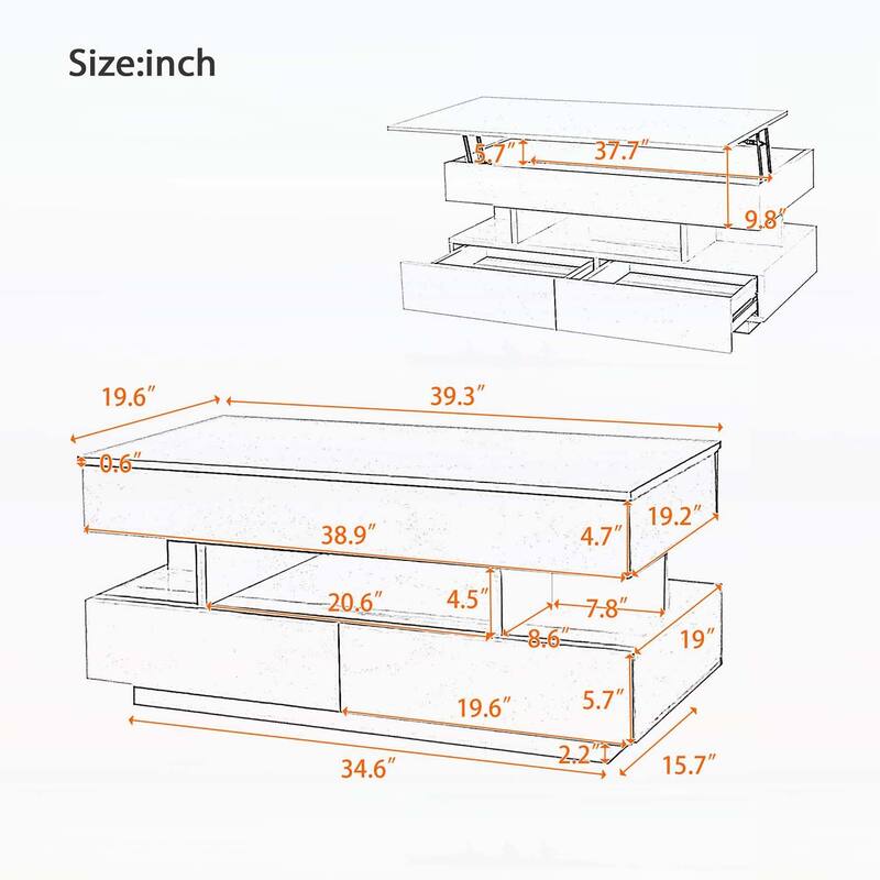 Multi-Functional Lift-Top Coffee Table with 2 Drawers,with High-Gloss Finish for Living Room