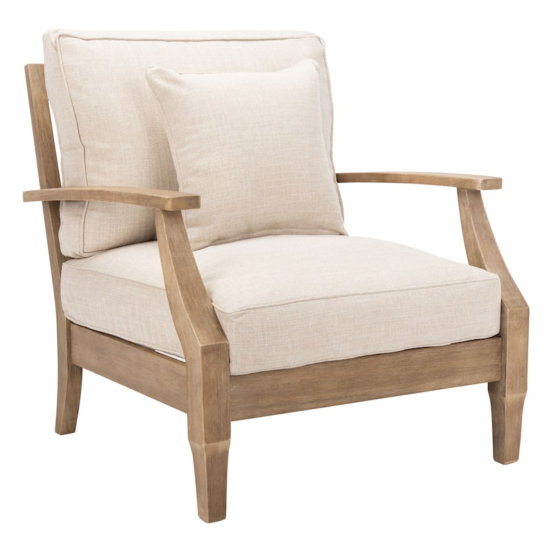 SAFAVIEH Couture Freida Wood Patio Arm Chair - 31.4" W x 35.6" L x 32.6" H - 31"W x 36"D x 33"H