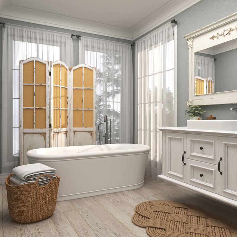 Beige Wood Hinged Foldable Partition 3 Panel Partition Room Divider Screen with Burlap Window Pane Design