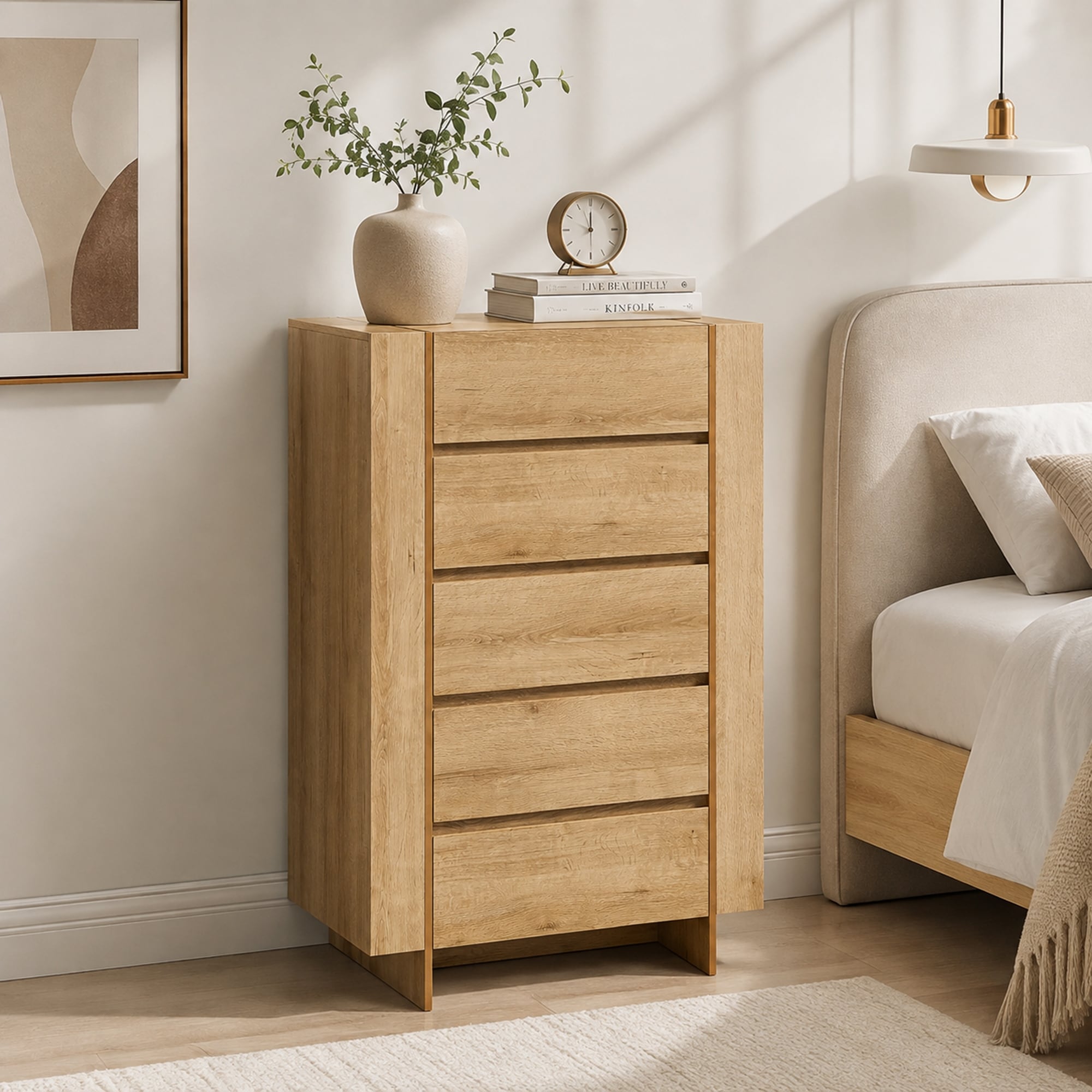 Modern Wood 5 Drawers Dresser for Bedroom, 20" Deep for Extra Storage