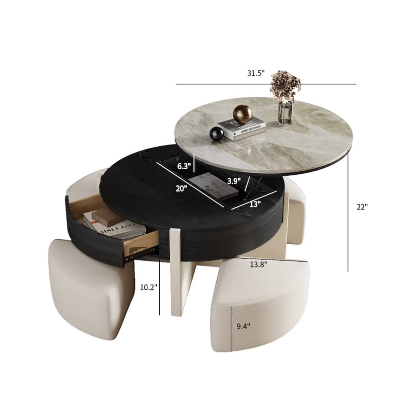 31.5" Modern Coffee Table, Lift Top Coffee Table with 3 Ottomans, Black - 31.5" X 31.5"