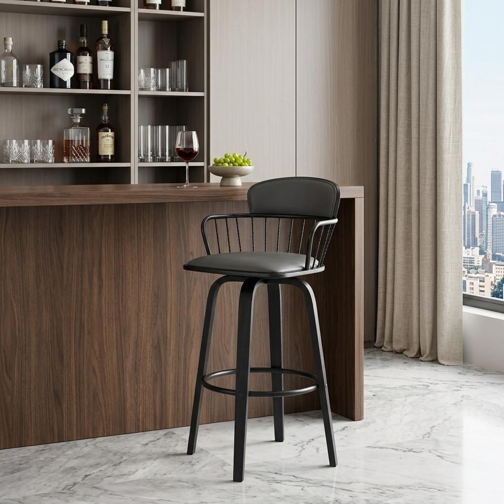 HomeRoots 30" Gray And Black Faux Leather Swivel Low Back Bar Height Bar Chair