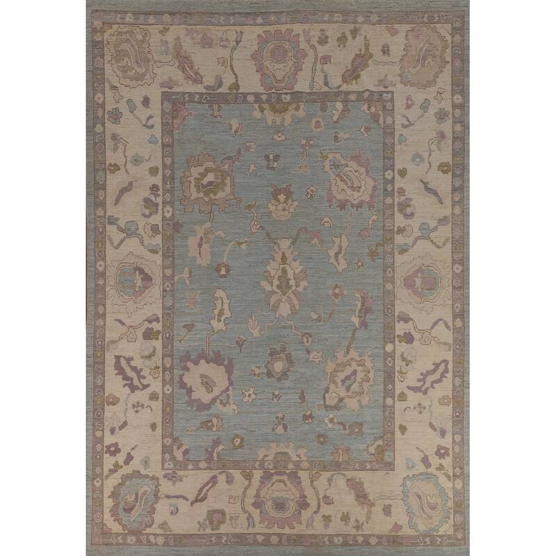 Light Blue Oushak Area Rug Hand-Knotted Vegetable Dye Wool Carpet - 9'1"x 12'2"