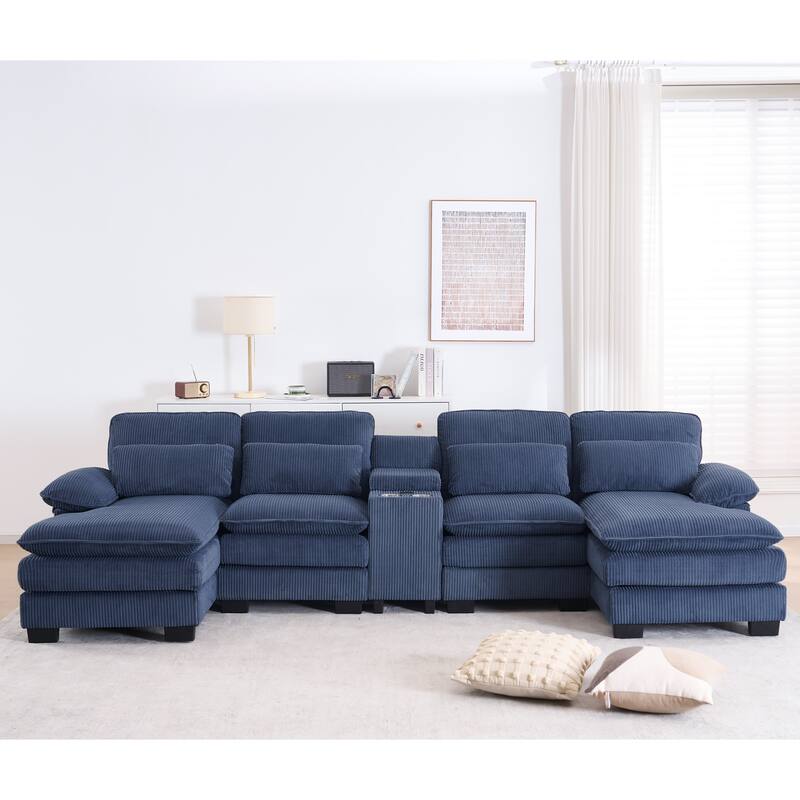 124" Modern Modular Sofa with Double Recliner and USB Port with Center Console - Blue