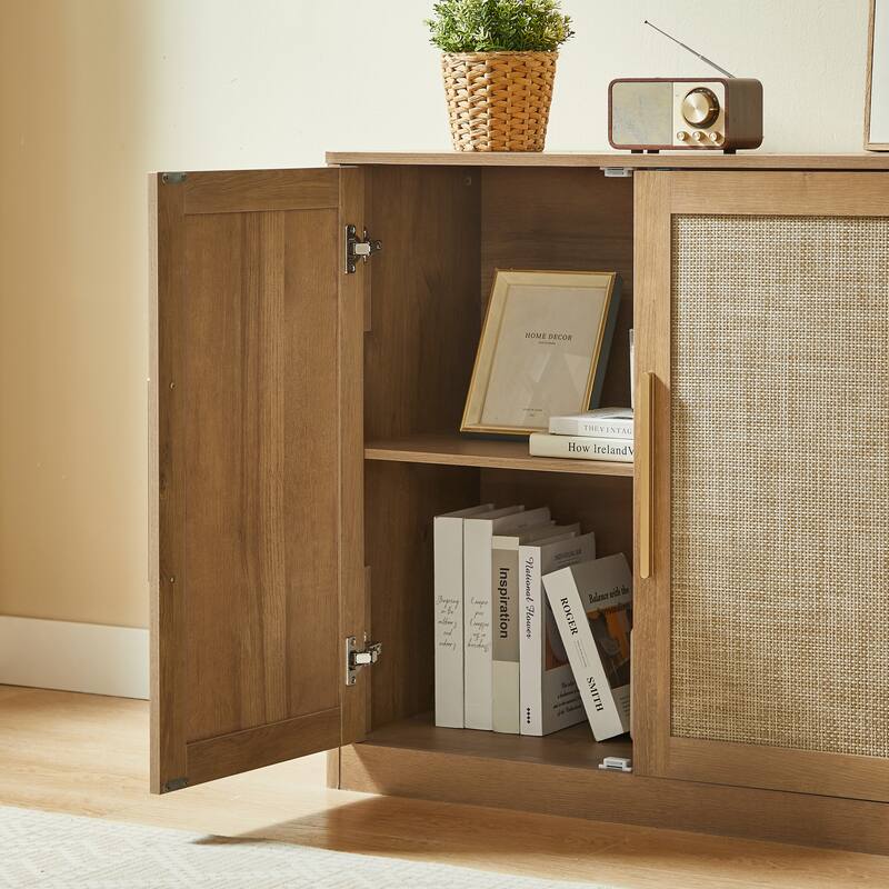 67"Rattan 4-Door Buffet Cabinet, Large Credenza Sideboard Buffet for Living Room, Hallway and Kitchen, 67"W x 15.75"D x 31.5"H