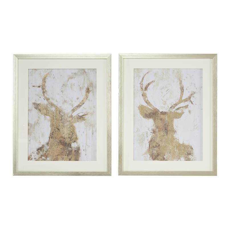 White Polystone Deer Home Wall Decor with Silver Frame (Set of 2)