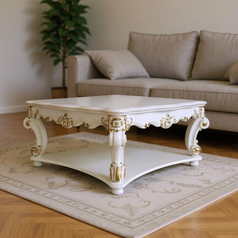 HomeRoots 58" Ivory and Gold Wood Square Coffee Table With Shelf - 58.00 in. x 30.00 in. x 26.00 in. - Ivory