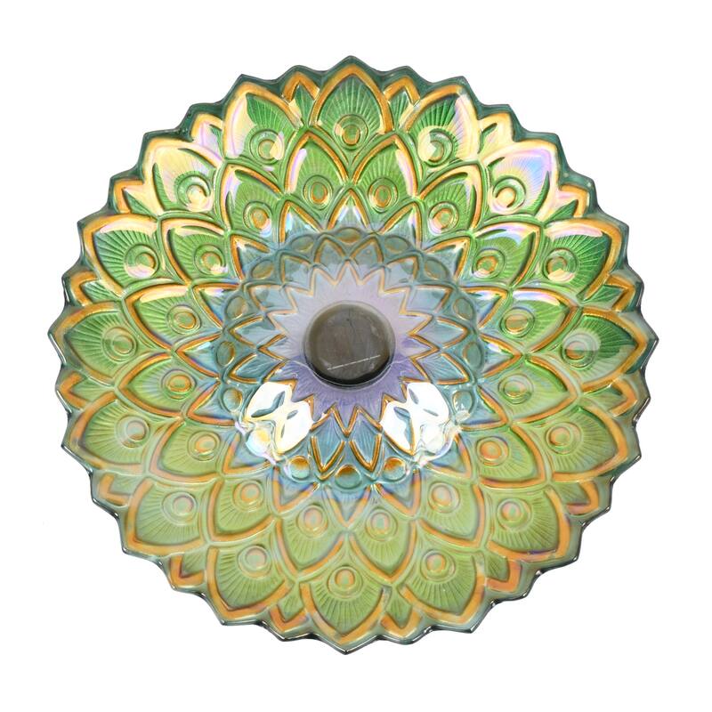 21" Green Peacock Geometric Outdoor Glass Solar Bird Bath with Stand