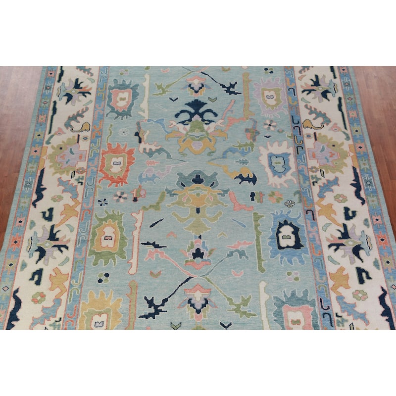 Light Blue Floral Oushak Indian Large Rug Handmade Wool Carpet - 8'11" x 17'7"