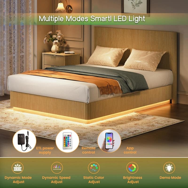 Queen Size Bed Frame with LED Lights, Modern Wooden Bed with Curved Corrugated Panels and Groove Design