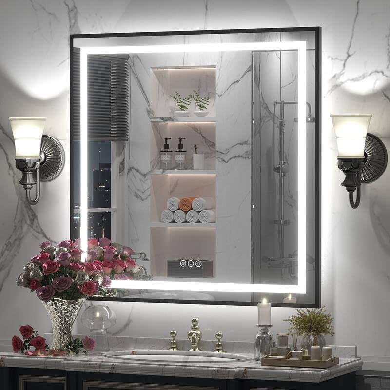 Black Metal Framed LED Front Light and Backlit Anti-Fog Wall Bathroom/ Vanity Mirror - 36" x 36"-Square Corner - Black
