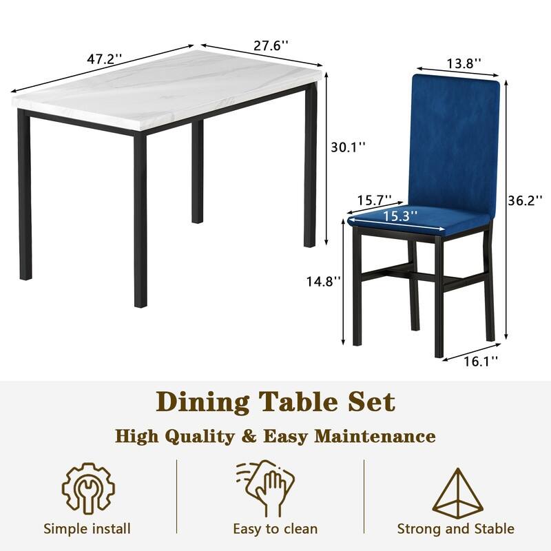 Grondin Modern Style Faux Marble Top 5-Piece Casual Dining Room Table Set with 4 Velvet Upholstered Dining Chairs