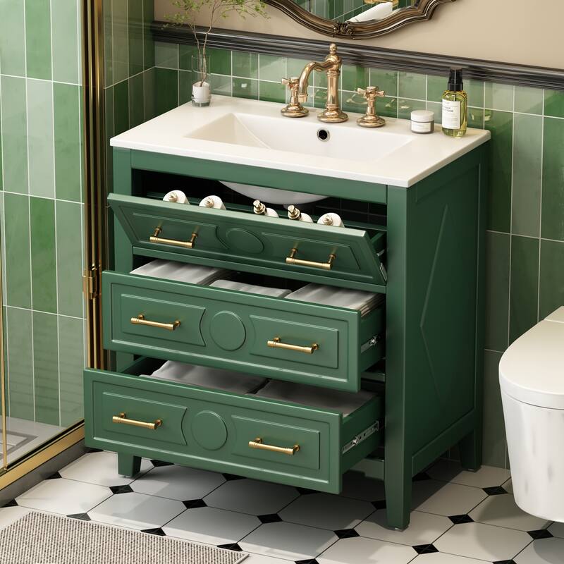 Roomfitters 30" Vanity with Ceramic Sink, Solid Wood Cabinet with 3 Drawers, Freestanding Bathroom Storage Unit