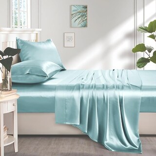 Wrinkle Free Bed Sheets Bedsure Full Size Satin Sheet Set - 4-Piece Silky Sheets With 15 Deep Pockets, Navy Blue, Ultra Soft & Wrinkle Free Bedsure Silk Pillowcase