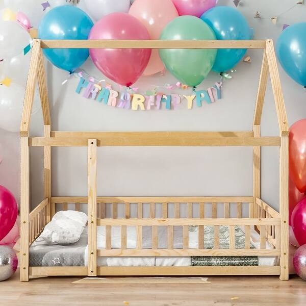 slide 2 of 13, Kids and Baby Full Size Wooden Bed House Bed with House Roof ,Fence Guardrails Natural