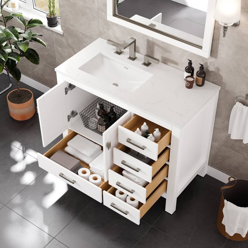 Eviva London 42"x18" White Transitional Bathroom Vanity with White Carrara Quartz Top