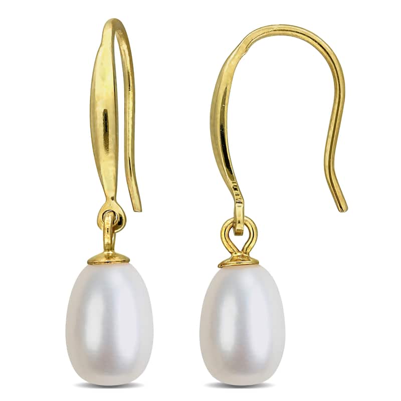 Miadora 6-7mm Cultured Freshwater Pearl Slim Shepherd Hook Earrings Yellow Plated Sterling Silver